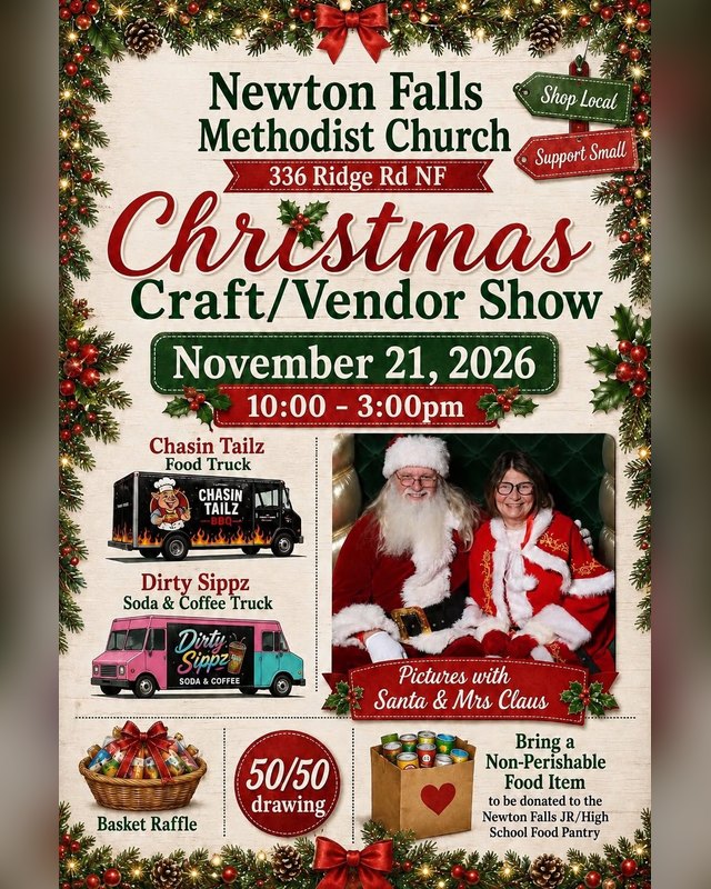 Flyer for Christmas Craft/Vendor Show at Newton Falls Methodist Church on November 21, 2026, listing food trucks, a raffle and Santa photos.