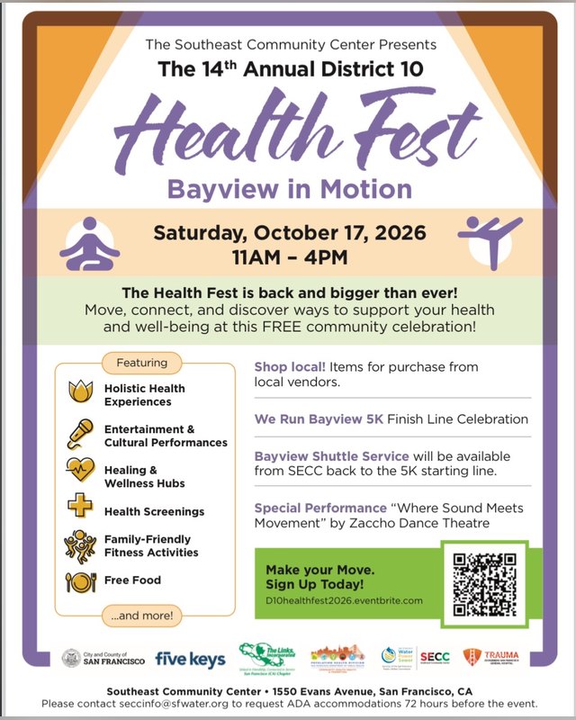 Flyer for the 14th Annual Bayview In Motion Health Fest, Saturday October 17, 2026, 11 AM to 4 PM.