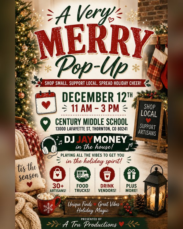 Flyer for A Very Merry Pop-Up, December 12, 11 AM to 3 PM, at Century Middle School