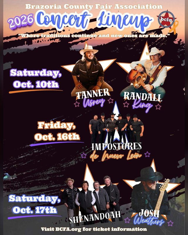 Flyer for the 2026 Brazoria County Fair concert lineup, with dates for Oct 10, 16 and 17.