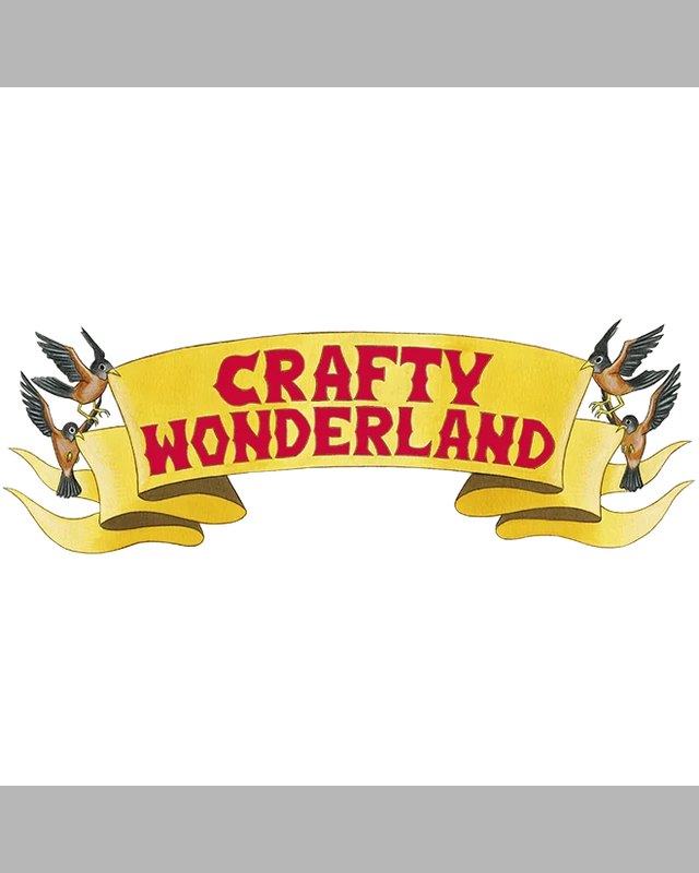 Crafty Wonderland logo: yellow banner with red lettering flanked by two birds.