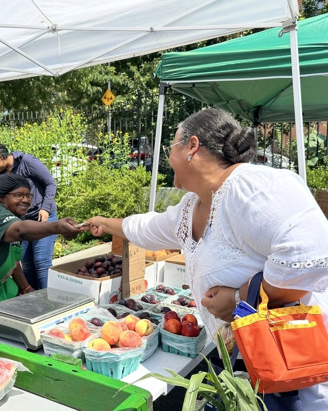 Vendor in a green apron hands produce to a shopper at a market stand with peaches, plums and watermelon under a white canopy.