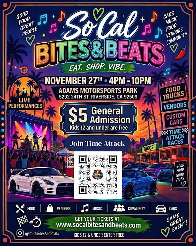 Flyer for Socal Bites and Beats, November 27, 4 PM to 10 PM, Adams Motorsports Park, Riverside.