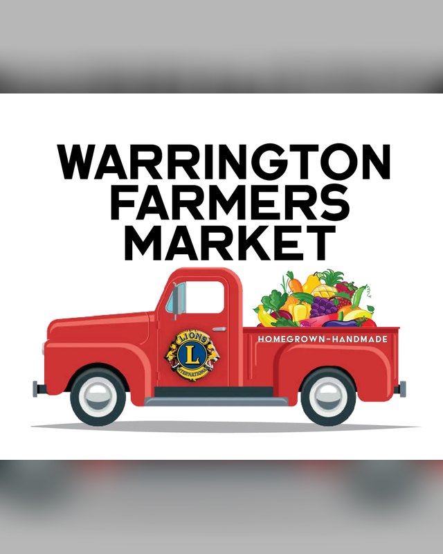 Warrington Farmers Market logo with a red pickup truck loaded with produce and a Lions Club emblem.