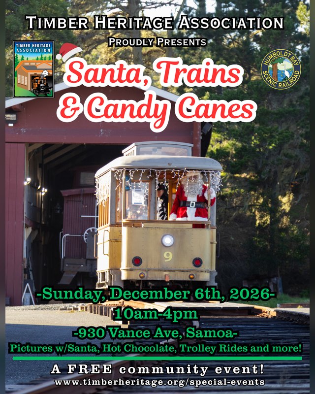 Flyer for Santa, Trains & Candy Canes at the Timber Heritage Roundhouse, Sunday, December 6, 2026