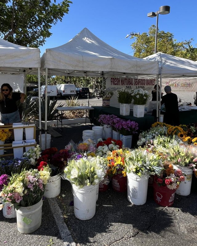 Flower vendors' white tents and buckets of bouquets at the Malibu Farmers Market in a parking lot