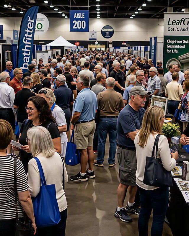 Busy trade show floor with booths and visitors talking with exhibitors at the Home & Health Show