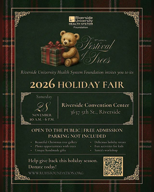 Flyer for the 2026 Festival of Trees Holiday Fair, Saturday November 28, Riverside Convention Center.