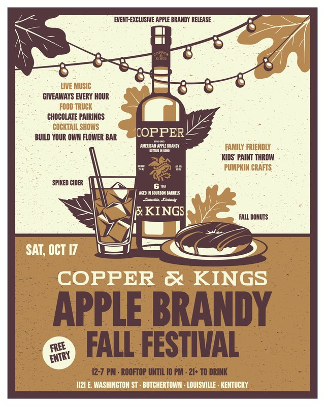Flyer for Copper & Kings Apple Brandy Fall Festival, Saturday October 17, with free entry and rooftop event details.