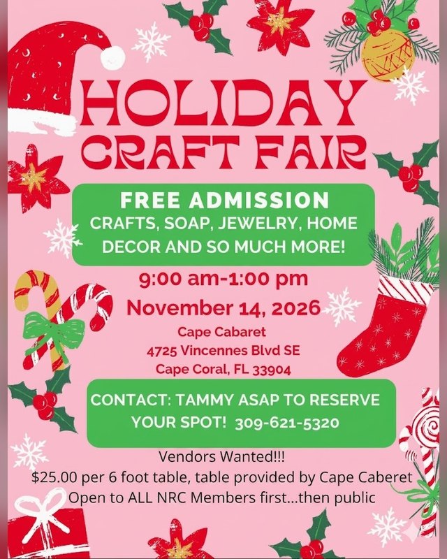 Flyer for Holiday Craft Fair, November 14, 2026 at Cape Cabaret in Cape Coral, with free admission and vendor details.