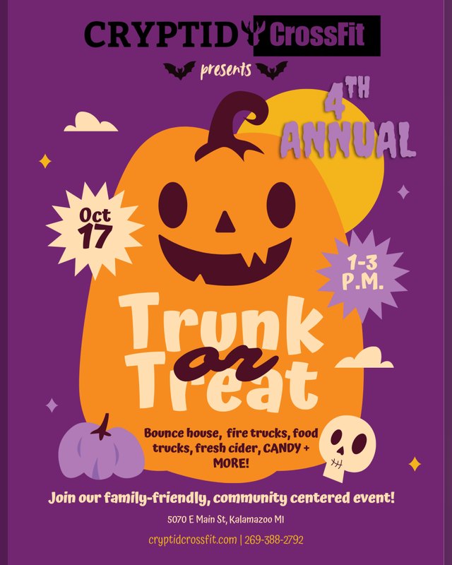 Flyer for the 4th Annual Trunk or Treat at Cryptid CrossFit, Oct 17, 1-3 PM, with a large pumpkin graphic.