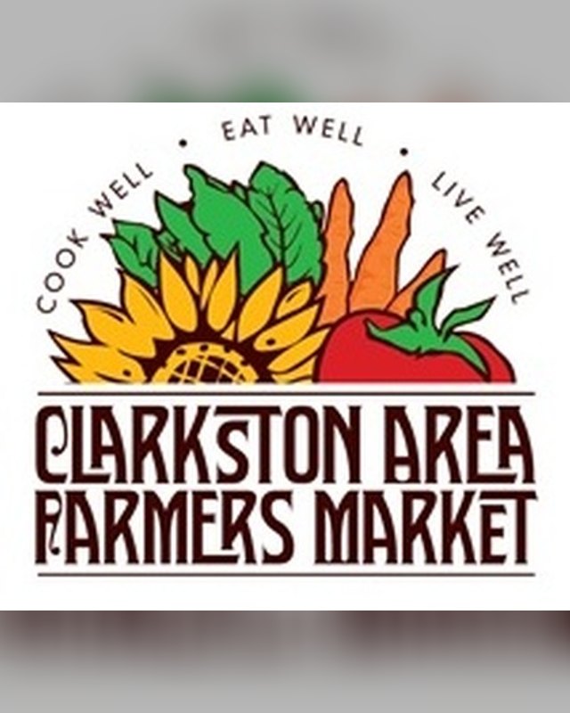 Clarkston Area Farmers Market logo with a sunflower, carrots and tomato above the market name.