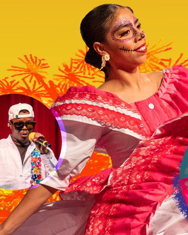 Festál 2026 schedule graphic: a dancer in sugar-skull face paint and a red ruffled dress, and a singer with a microphone in a circular frame, on a yellow and orange background.