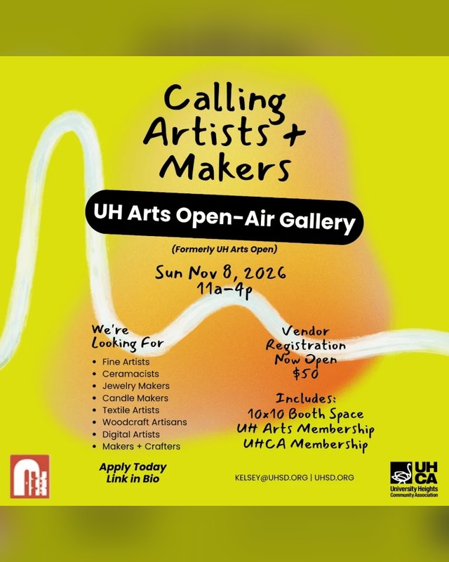 Flyer for UH Arts Open-Air Gallery, Sunday November 8, 2026, calling artists and makers to apply for vendor booths.