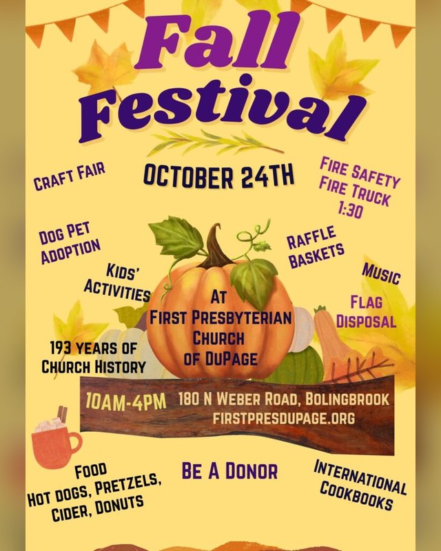 Flyer for the First Presbyterian Church Fall Festival with October 24th date, craft fair, food and kids' activities.