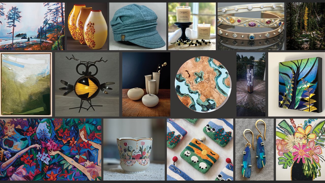 Collage of handmade ceramics, paintings, jewelry and woodwork displayed at the Best of the Northwest show