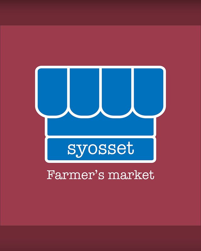 Syosset Farmer's Market logo showing a blue market stall awning above the word syosset on a maroon background.