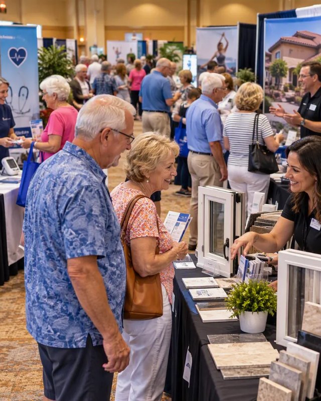 Visitors browsing booths with building-product displays at a home show, talking with exhibitors.