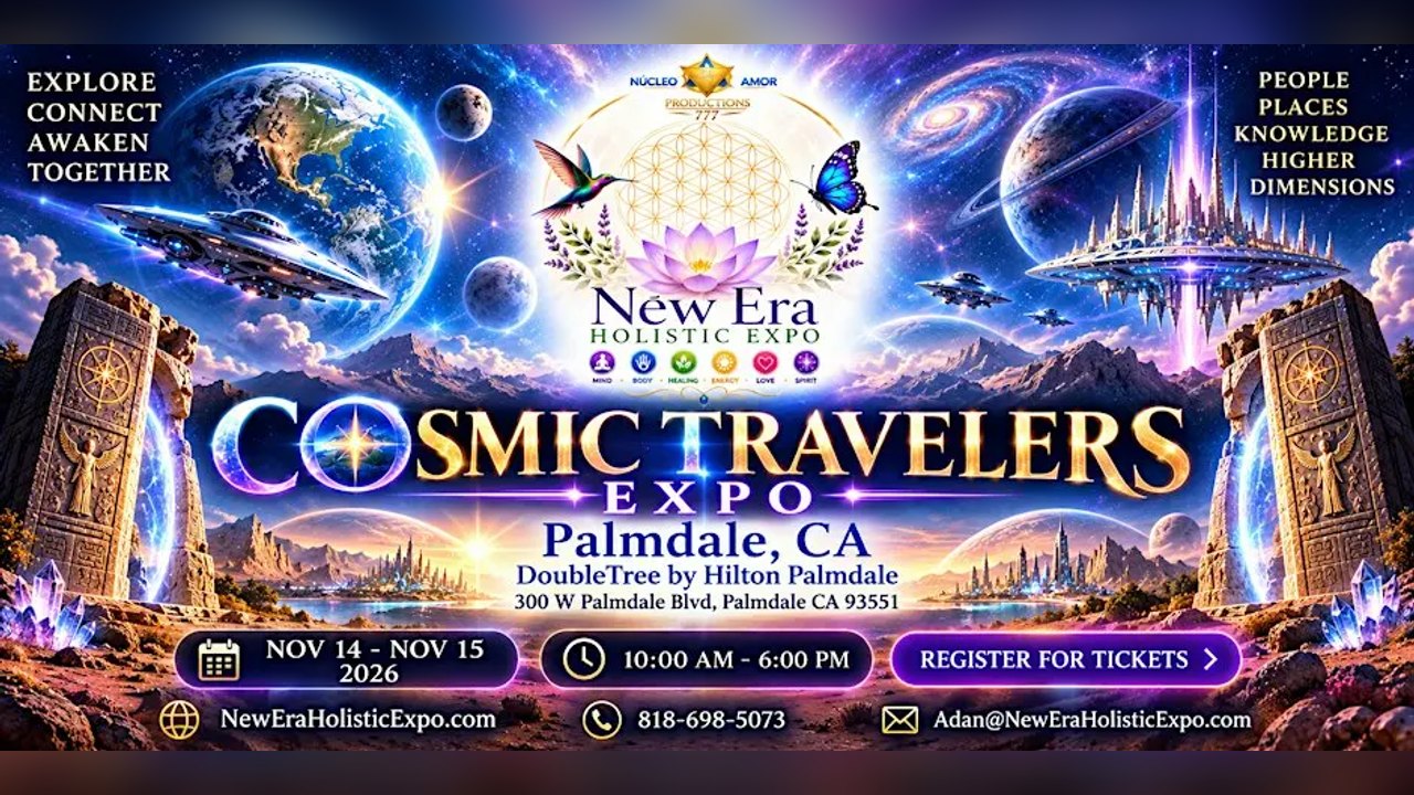 Flyer for the Cosmic Travelers Expo in Palmdale, Nov 14-15, 2026, at the DoubleTree by Hilton.