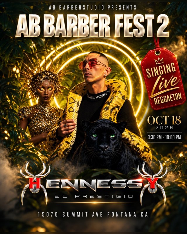 Flyer for AB BarberFest 2 with Hennessy El Prestigio, dated Oct 18 2026 at Abs BarberStudio in Fontana.