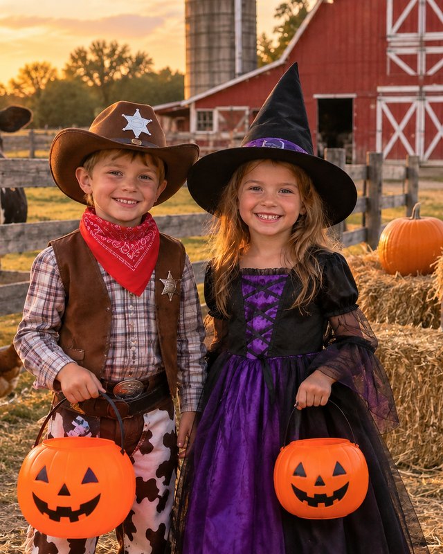 Two children in cowboy and witch costumes holding jack-o'-lantern buckets at a farm with hay bales and pumpkins