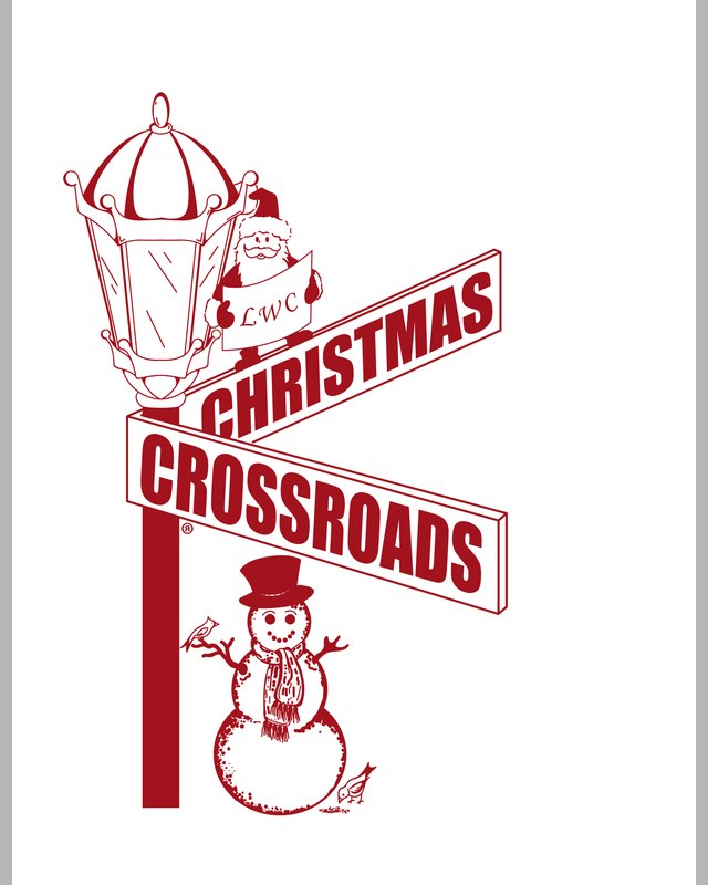 Christmas Crossroads red line-art logo: a street sign post with a lantern, a Santa figure, and a snowman.