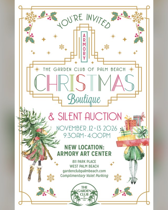 Flyer for Christmas Boutique and Silent Auction, November 12-13 2026 at the Armory, West Palm Beach.