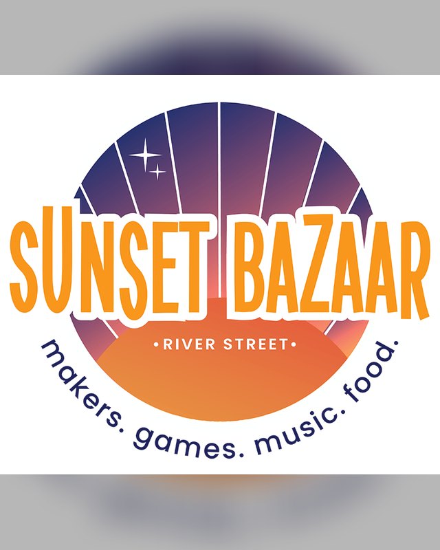Sunset Bazaar logo with the words makers, games, music, food and River Street.