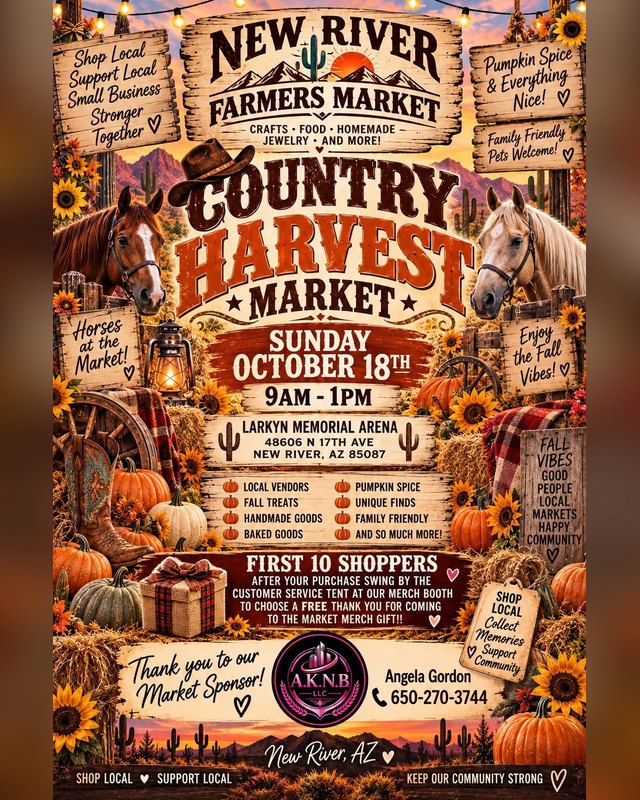 Flyer for New River Farmers Country Harvest Market, Sunday October 18, 9am to 1pm at Larkyn Memorial Arena.