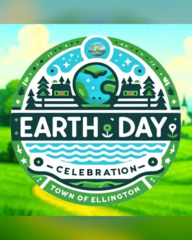 Town of Ellington Earth Day Celebration badge logo with a globe, trees and waves.