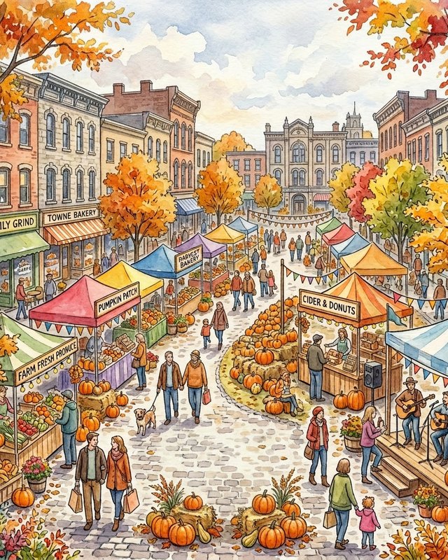 Illustrated street fair with vendor tents selling pumpkins and produce, with autumn trees and shoppers on the sidewalk.