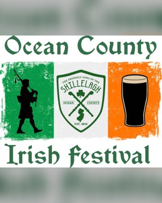 Ocean County Irish Festival logo with a piper, a shield and a stout glass on green, white and orange.
