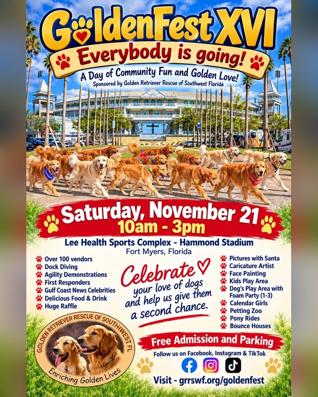 Flyer for GoldenFest XVI, Saturday November 21, 10am to 3pm at Lee Health Sports Complex, Hammond Stadium.