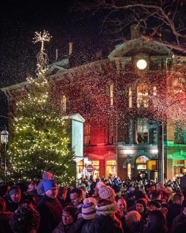 Crowd gathered under string lights and a lit tree on a downtown Doylestown street at night.