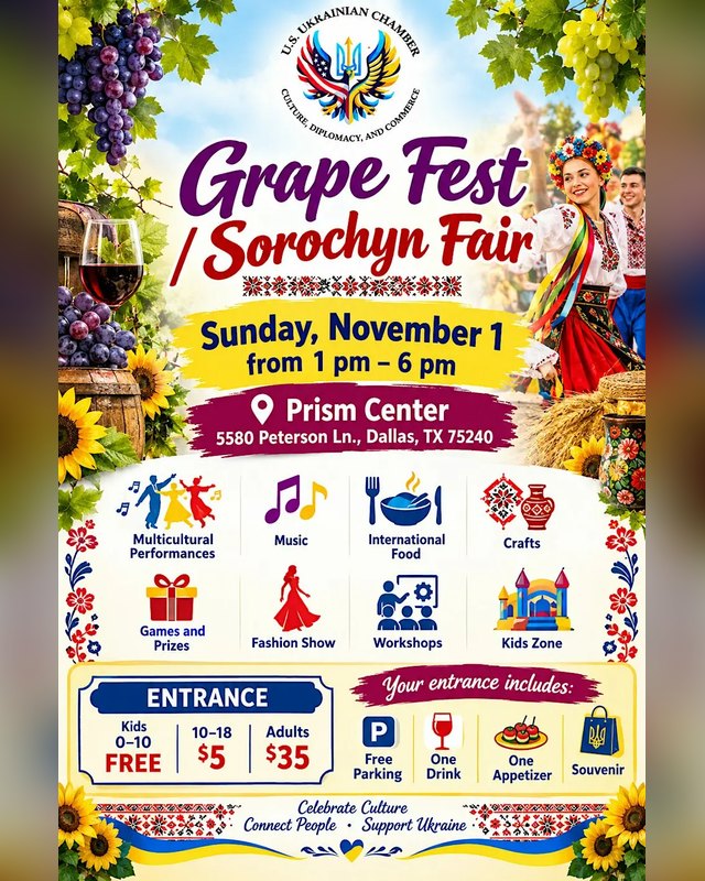 Flyer for Grape Fest/Sorochyn Fair, Sunday November 1, 1 PM to 6 PM at Prism Center in Dallas.