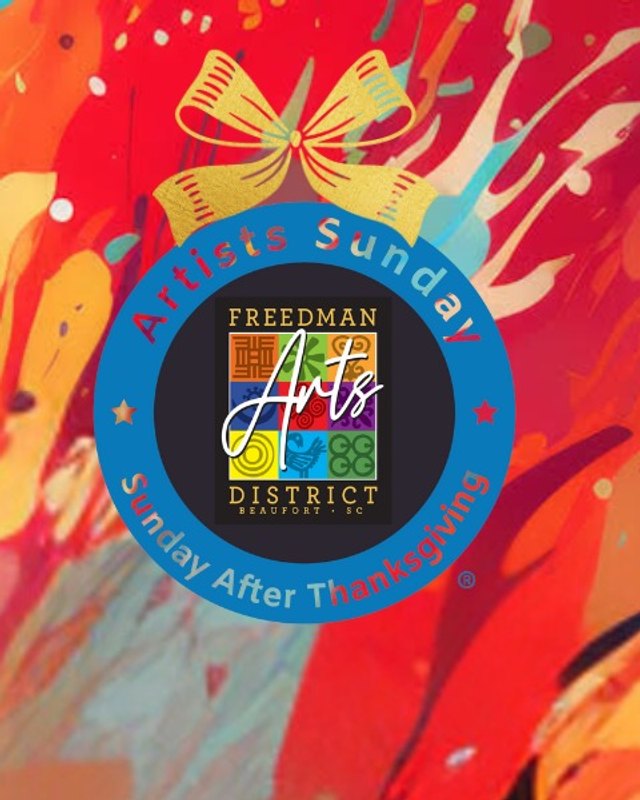Colorful painted artwork background with the Freedman Arts District Artists Sunday logo in the center.