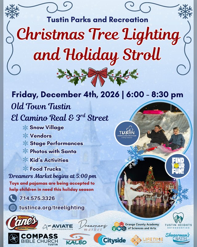 Flyer for Christmas Tree Lighting and Holiday Stroll, Friday December 4, 2026, Old Town Tustin.