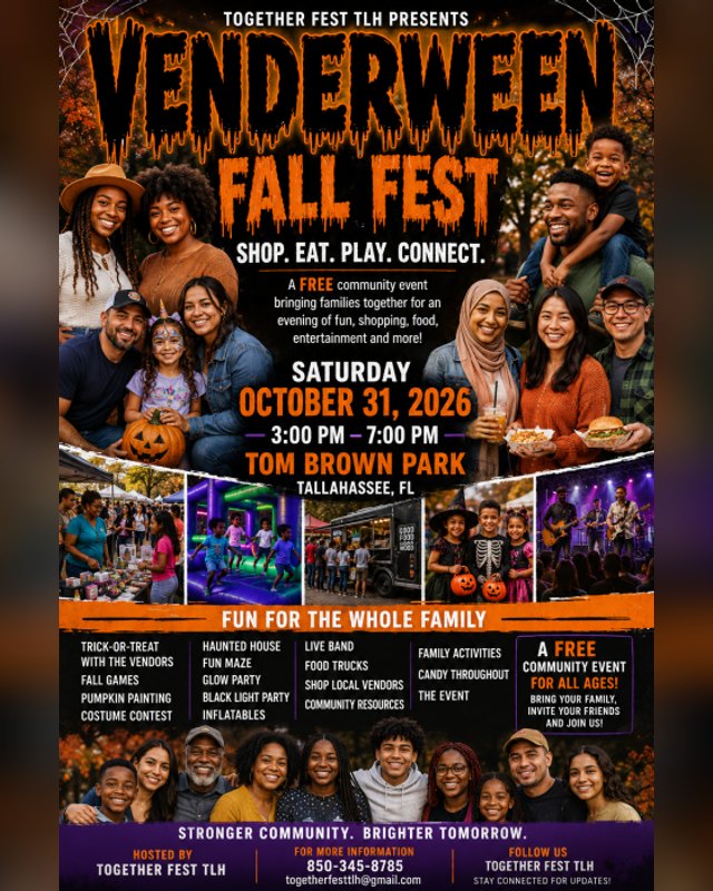 Flyer for VenderWeen Fall Fest, Saturday October 31 2026, 3 to 7 PM at Tom Brown Park, Tallahassee.