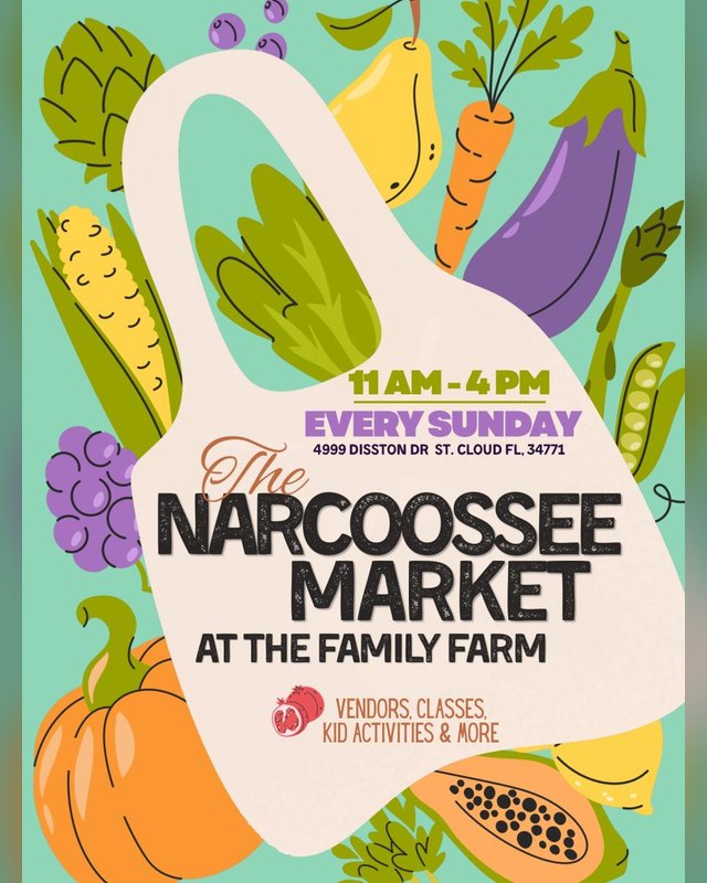 Flyer for The Narcoossee Market at The Family Farm, every Sunday 11 AM to 4 PM, with a tote bag of vegetables artwork.