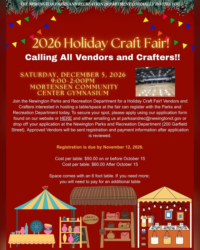Flyer for the 2026 Newington Holiday Craft Fair, Saturday December 5, 2026 at Mortensen Community Center Gymnasium.