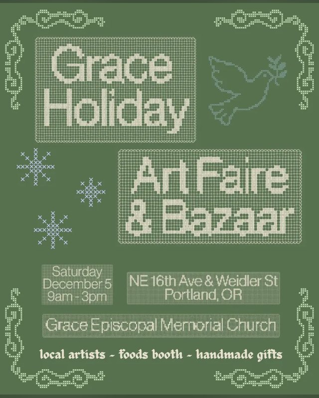 Flyer for Grace Holiday Art Faire & Bazaar, Saturday December 5, 9am to 3pm, with local artists, food booth and handmade gifts.