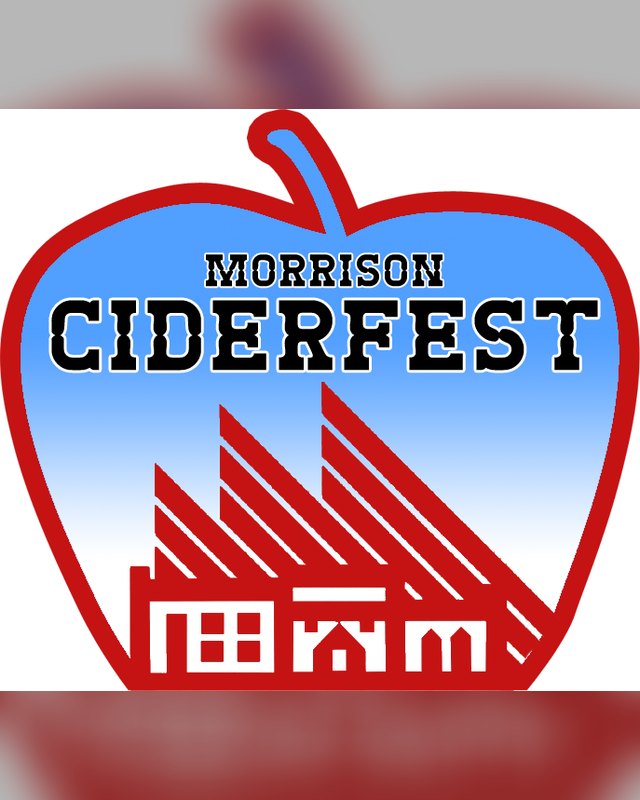 Morrison Ciderfest logo: a red apple outline with a blue sky, red factory graphic and the festival name.