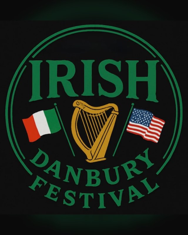 Green and gold Irish Danbury Festival badge with a harp, Irish and American flags.