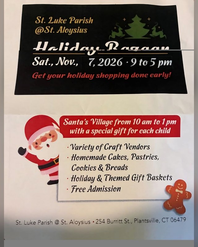 Flyer for St. Luke Parish Holiday Bazaar, Saturday November 7, 2026, 9 to 5 pm, with craft vendors and Santa's Village.