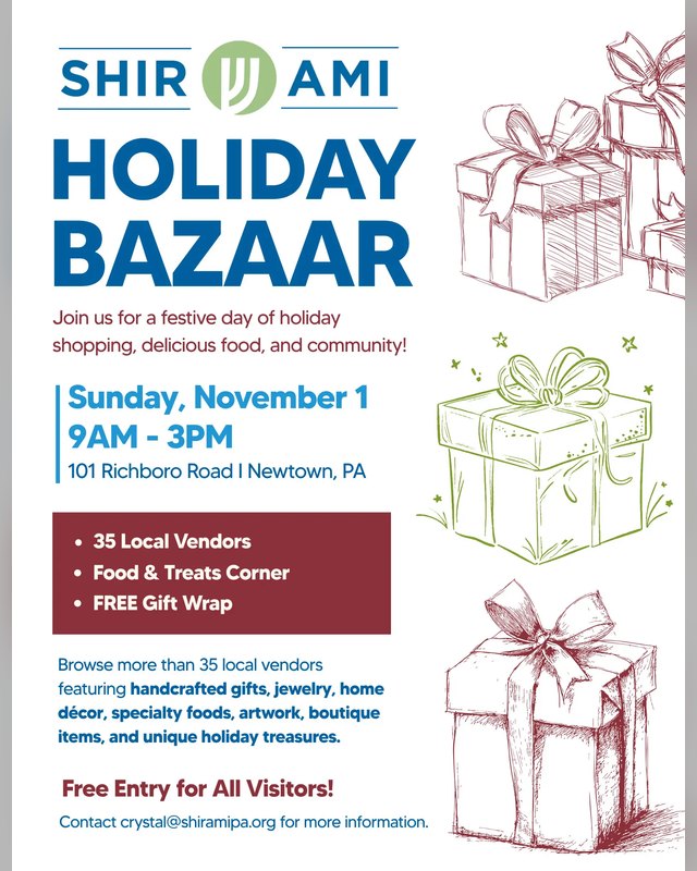 Flyer for Shir Ami Holiday Bazaar on Sunday, November 1, 9AM to 3PM, with 35 local vendors and free gift wrap.