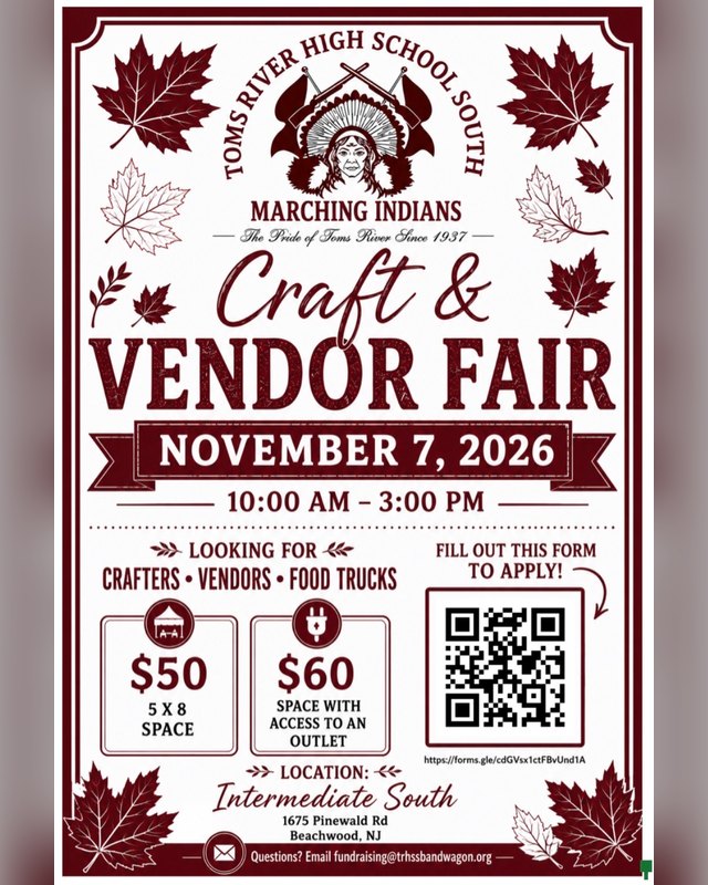 Flyer for Toms River HS South Craft & Vendor Fair, November 7, 2026, 10:00 AM to 3:00 PM.