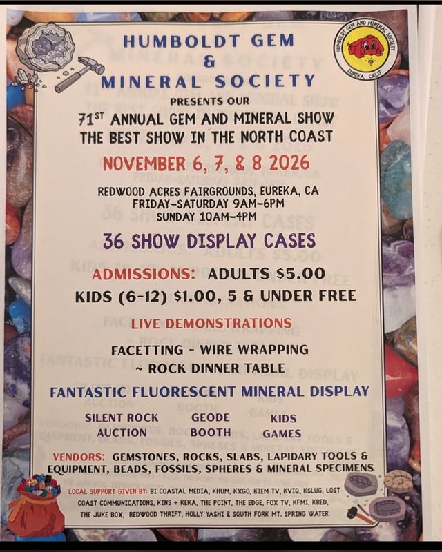 Flyer for the HGMS 71st Annual Gem and Mineral Show listing its November 6, 7 and 8, 2026 dates at Redwood Acres