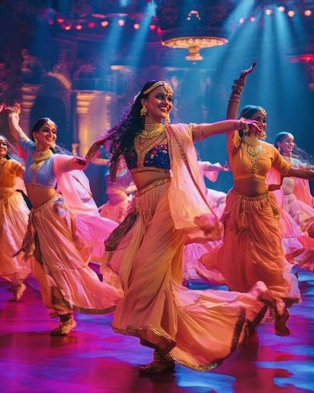 Dancers in colorful costumes performing on a stage under blue and purple lights.