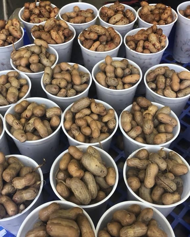 Peanuts heaped in white foam cups on a blue tray, shown close up.
