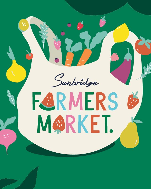 Sunbridge Farmers Market illustration of a cream tote bag full of vegetables and fruit on a green background, with the event name.
